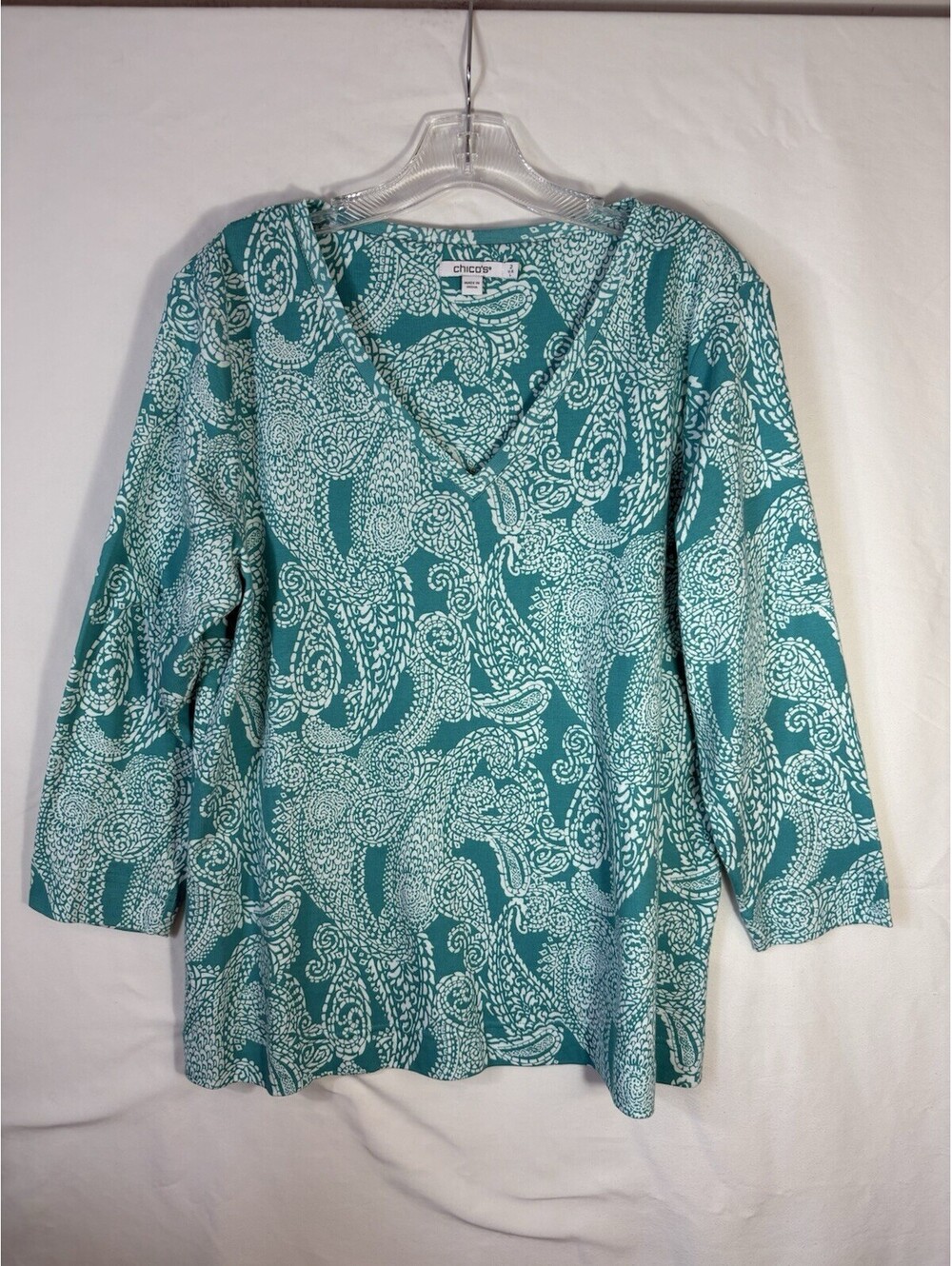 Chico’s Pima Cotton Paisley V Neck Top Size 2 Large Teal White 3/4 Sleeve